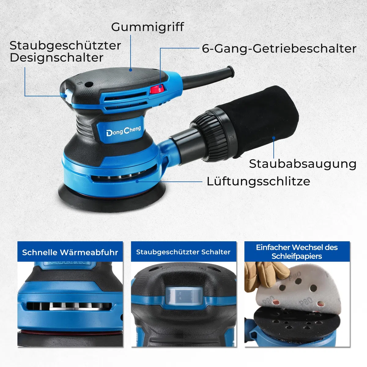 DongCheng Exzenterschleifer 380W, 125mm Schleifmaschine, 6-stufig 8.000-12.800 U/min, vibrationsarm, mit Staubfangbehälter & Staubsaugeranschluss, inkl. 20 Schleifblättern (versch. Körnungen) für Holz