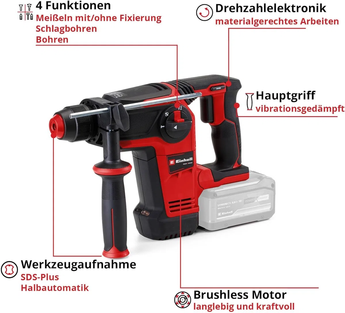 Einhell Professional Akku-Bohrhammer TP-HD 18/26 Li BL-Solo Power X-Change (18 V, Brushless, 2,6 J, SDS-plus, 26 mm Bohrleistung in Beton, 4 Funktionen, Koffer, ohne Akku)
