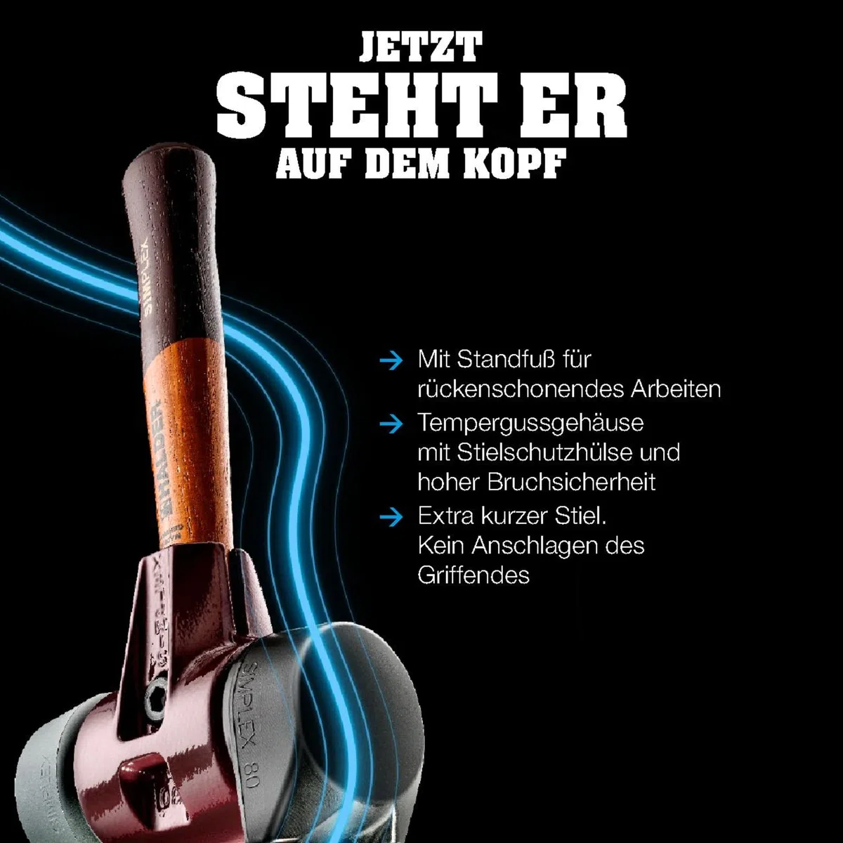 SIMPLEX-Schonhammer, Gummikomposition, mit Standfuß/TPE-soft; mit Tempergussgehäuse und hochwertigem extra kurzen Holzstiel | D=80 mm/Stielausführung=extra kurz | 3012.282