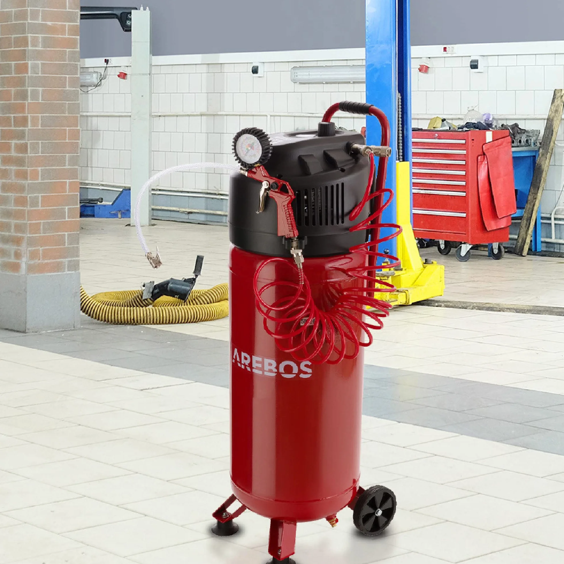 Arebos 50L Druckluftkompressor 1500W | 10 bar Kompressor stehend | 240 L/min Ansaugleistung | Ölfrei & leistungsstark | inkl. 5,3 m Spiralschlauch & 13-tlg. Zubehör | Wartungsarm | Abschaltautomatik