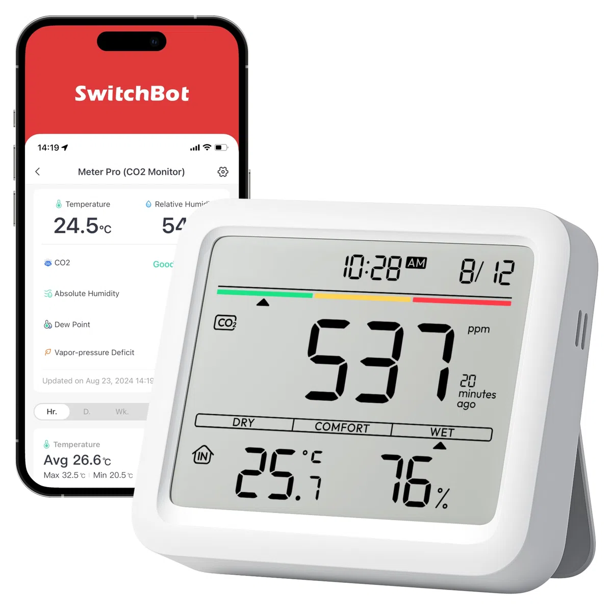 SwitchBot CO2-Melder, CO2 Messgerät mit Thermometer Hygrometer Innen, Bluetooth CO2 Sensor mit APP, 2 Jahre Datenspeicher