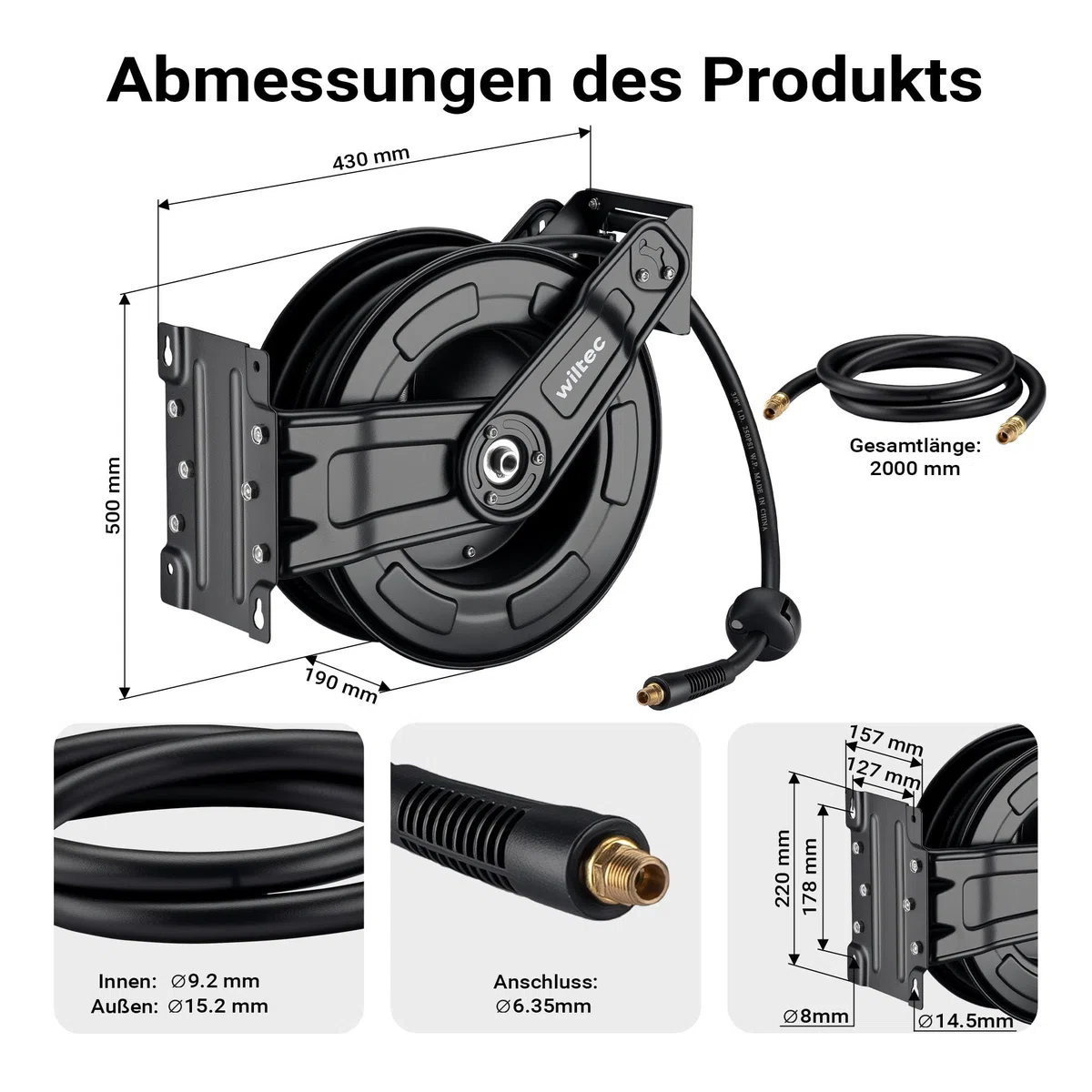 Wiltec Druckluft Schlauchtrommel 20 m, automatische Druckluftschlauchtrommel Stahl, 20 bar Drucklufttrommel, Schlauchaufroller einfache Montage