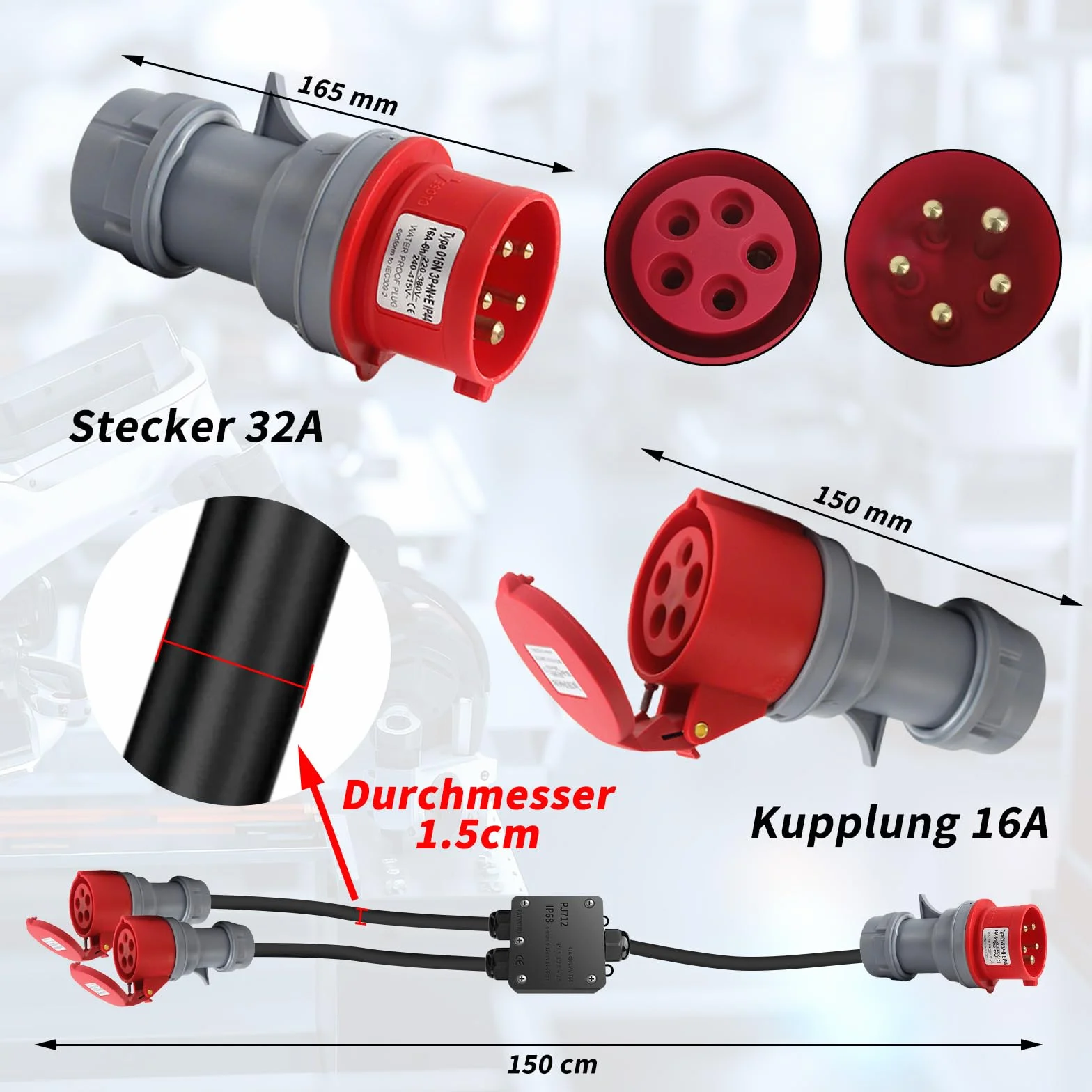 Starkstrom CEE Adapter 32A auf 16A, 2 x CEE Stecker 230V 16A 5-polig, Verlängerungskabel IP44-68, Starkstromverteiler für Camping Außenbereich Industrie Baustelle Werkstatt-1.5M