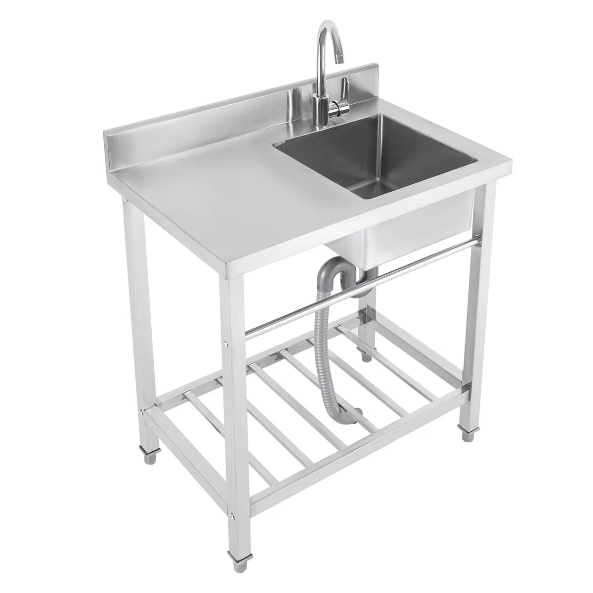Edelstahl Spültisch Freistehende Spüle mit Unterschrank, Commercial 80x55x84cm Outdoor Camping Spüle mit Armatur, Küchenspüle mit Plattform Tragfähigkeit 100KG, 1 Becken