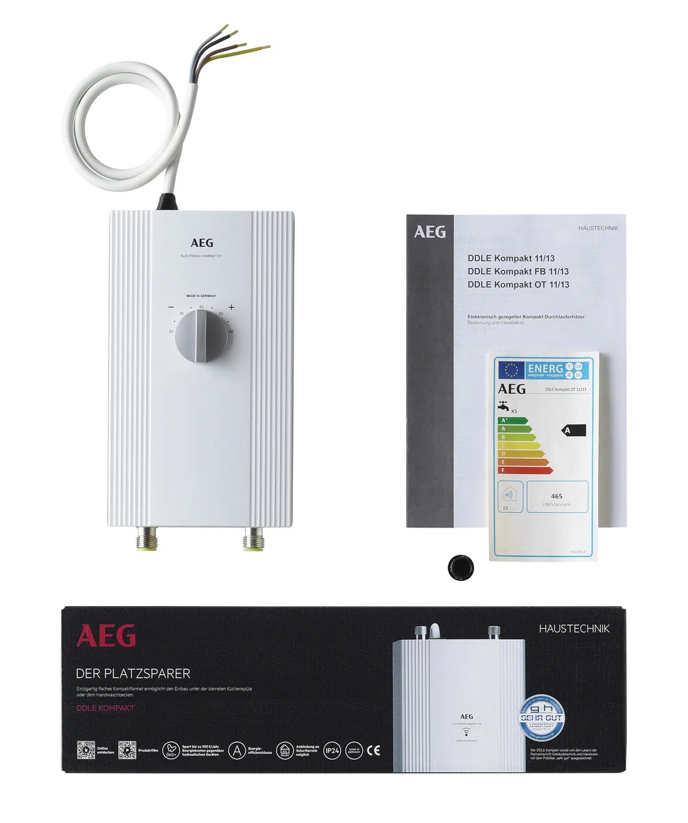 AEG elektronischer Kompakt-Durchlauferhitzer DDLE Kompakt OT 11/13 kW für die Küche, Made in Germany, Starkstromanschluss 400 V, solargeeignet, Übertischmontage, VDE geprüft, 232793