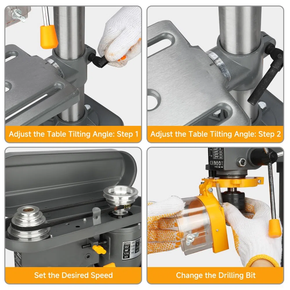 Hoteche 350W Säulenbohrmaschine 13mm | 5-stufige Drehzahl (580-2650 U/min) | MT2-Spindel | 50mm Hub | 160x160mm Arbeitsplatte | mit Schutzhaube für präzise Metall-/Holzbearbeitung