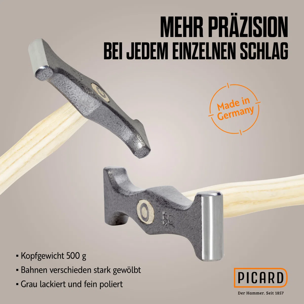 PICARD Schweifhammer Nr. 175 ES 500g | Profi-Qualität für Dachdecker-Dachklempner | Robust & Präzise | Ergonomischer Eschenstiel | Hammerschlag-Grau | Spezialstahl | Made in Germany seit 1857