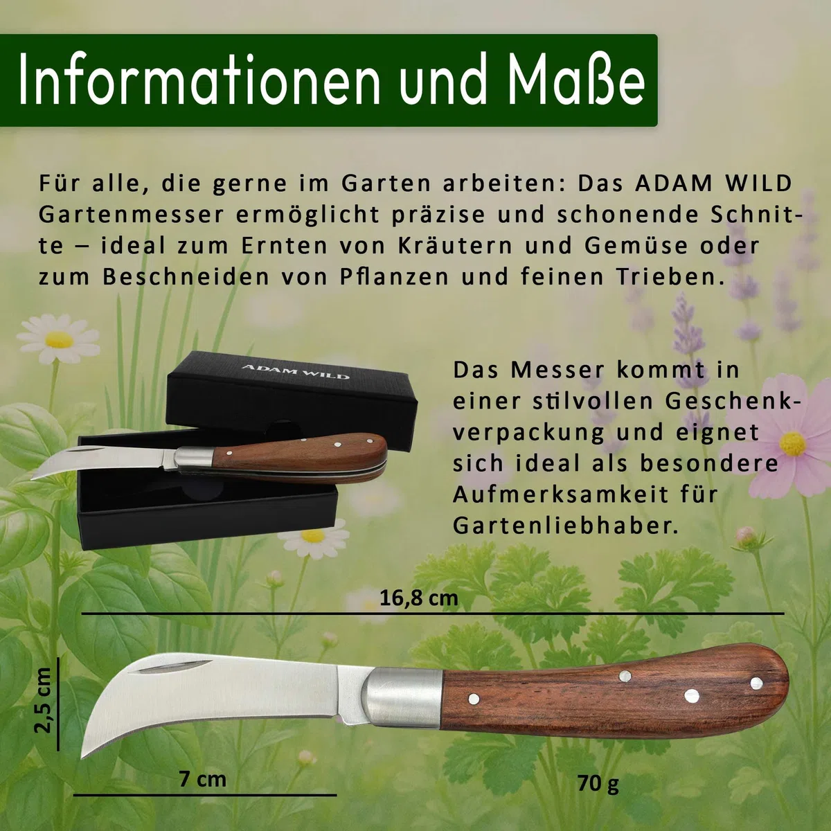 ADAM WILD Gartenmesser mit Gravur | Geschenke für Gärtner & Gartenliebhaber | Personalisiert für Hobbygärtner | gebogene Hippe-Klinge aus Edelstahl | zum Kräuter-, Blumenschnitt & Ernten | Gartenwerkzeug
