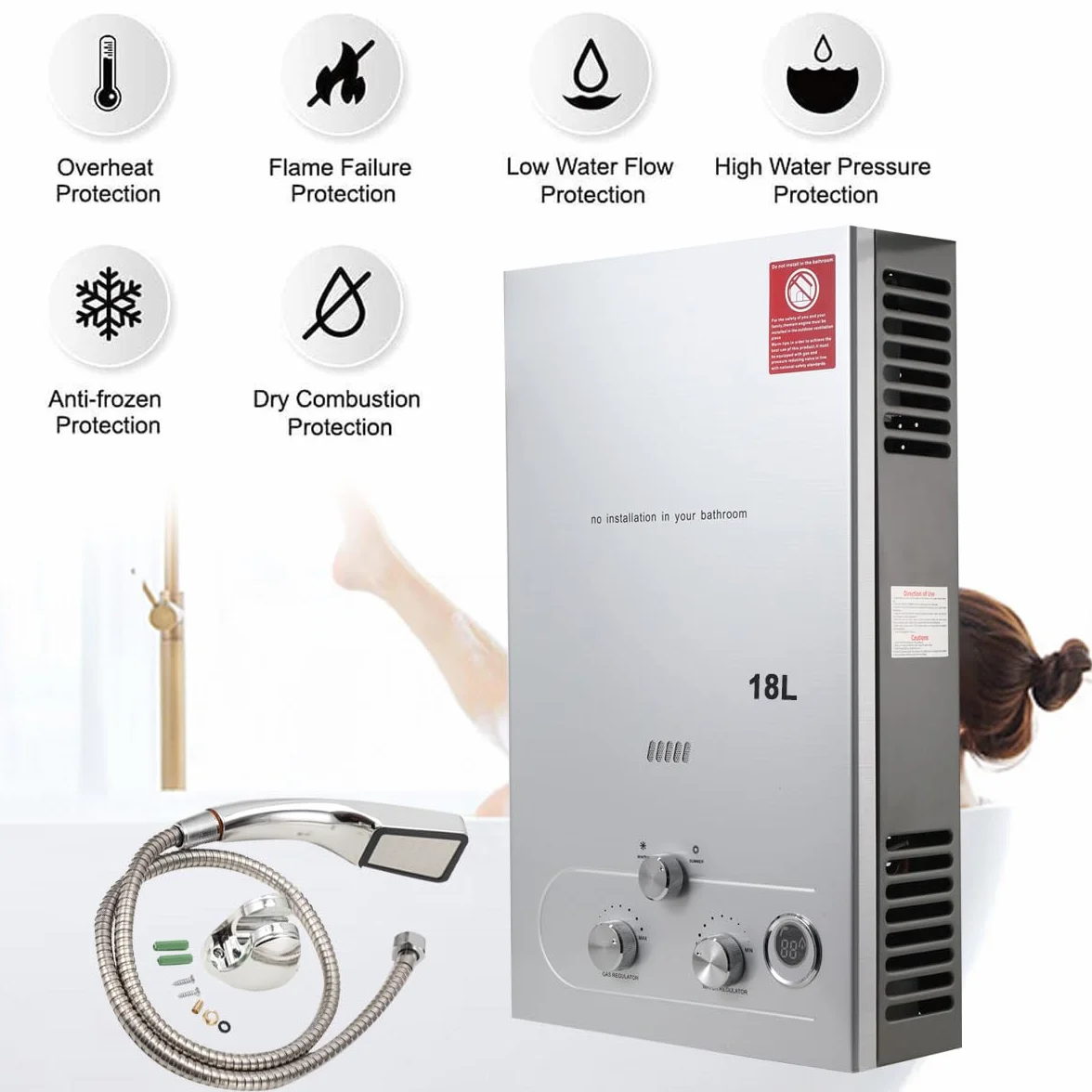 Gas Durchlauferhitzer LPG 18L 36KW Flüssiggas Warmwasserbereiter, Tankless Instant Heißwasserbereiter Gastherme mit Duschkopf Duschschlauch, für Outdoor Camping Baden RV Dusche