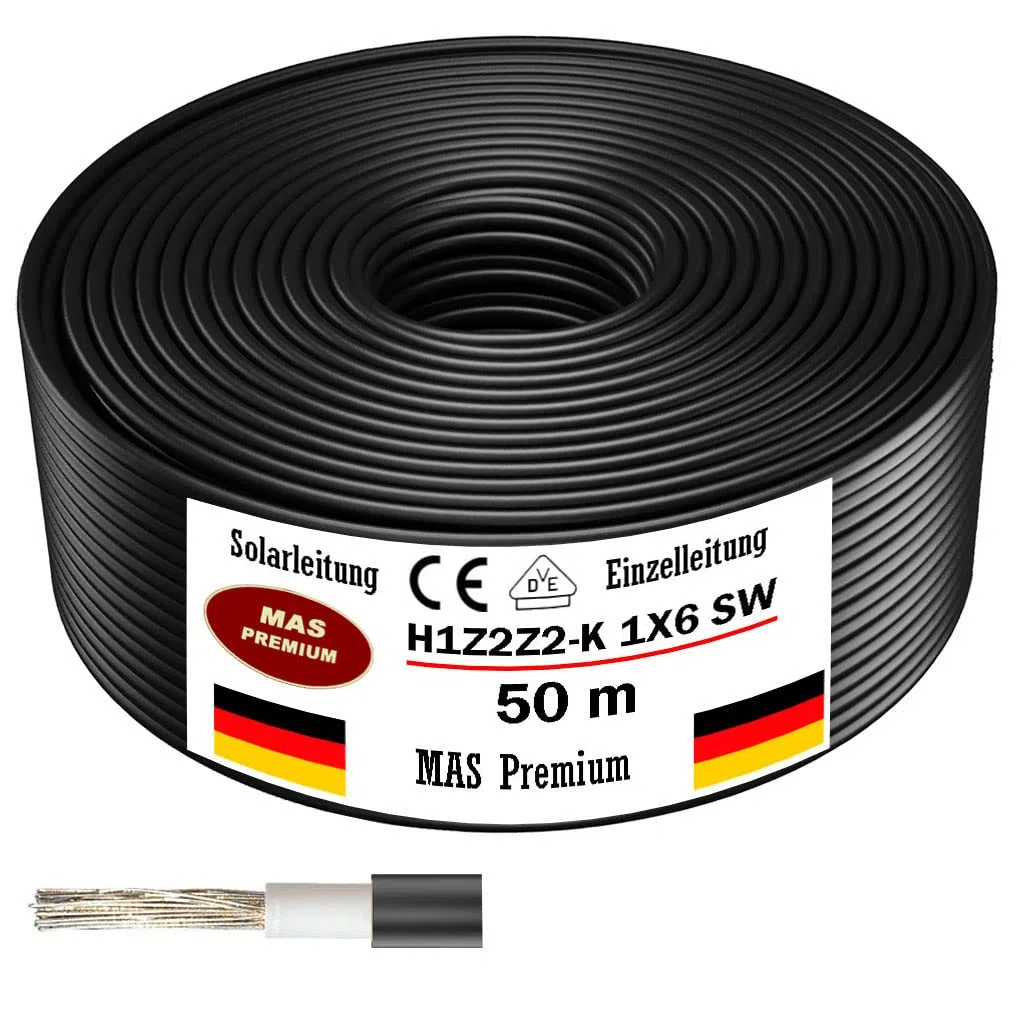 Solarleitung H1Z2Z2-K 6 mm² 50m Schwarz Erdverlegbare Einzelleitung Photovoltaik Halogenfrei Doppelt isoliert