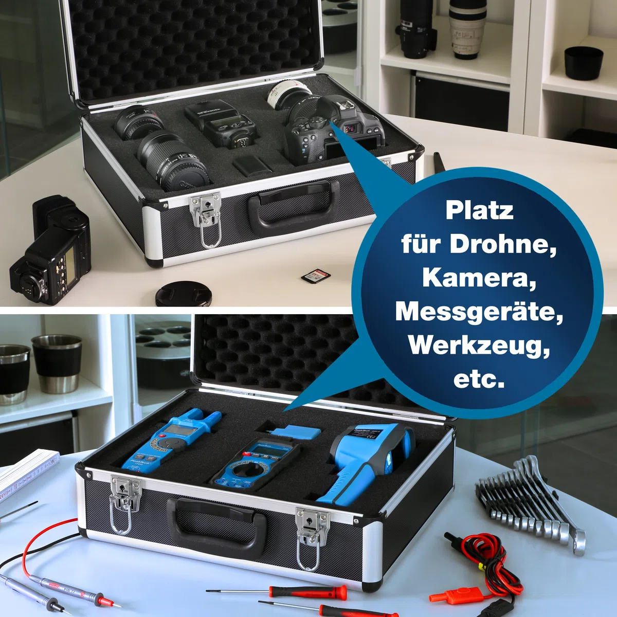PeakTech P 7305 Universalkoffer – abschließbarer Universal-Transportkoffer mit Würfelschaumstoff – tragbarer Fotokoffer – robuster Koffer mit Schutz vor Regen und Staub – Groß (405 x 330 x 150 mm)