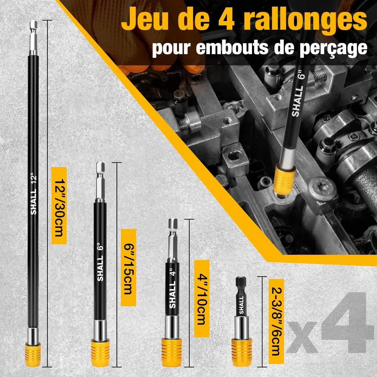 SHALL 4-teiliger magnetischer Bohrer- und Schraubendreher-Bithalter-Satz – für Schlagschrauber, Bohrer-Verlängerung, mit 10 Bits – starke magnetische Haltekraft, professionelles Verschrauben