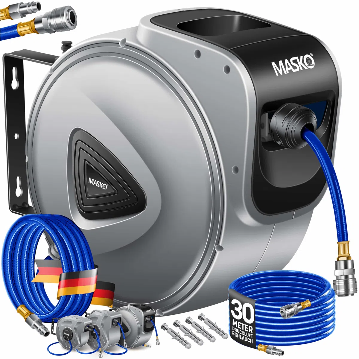 MASKO® Automatik Druckluftschlauch Aufroller 30m – Schlauchtrommel mit 1/4" Anschluss, Schlauchaufroller, Wandhalterung, Tragegriff, 180° schwenkbar, Schlauchbremse, vormontiert/sofort einsatzbereit