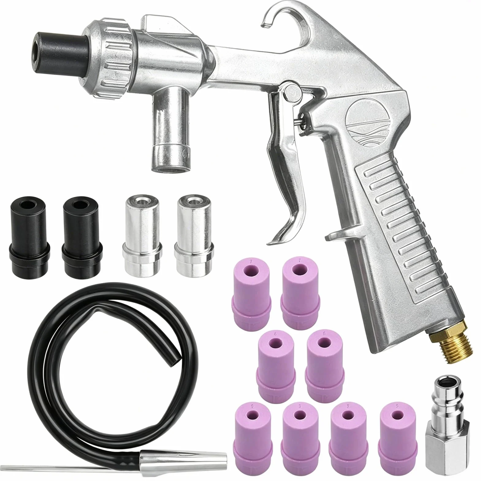 Sandstrahlpistole Set Druckluft, Sandstrahlen Pistole Kit mit 1m Gummischlauch mit Düsen Verschiedener Kaliber ein Luftanschlussnippel für Sandstrahlen