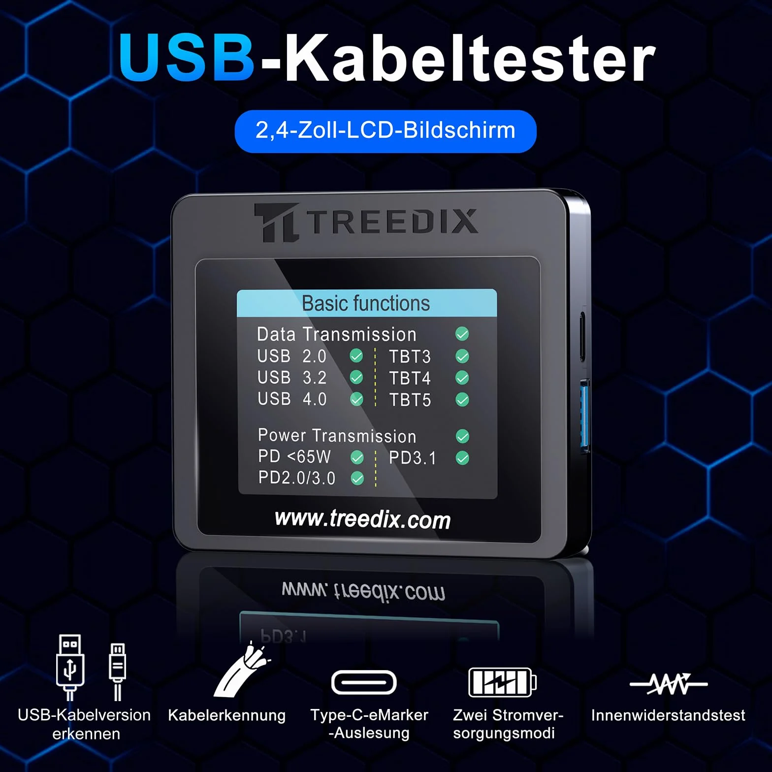 Treedix USB-Kabeltester, 2,4-Zoll-Farbdisplay USB-C-Kabeltester,USB-Tester unterstützt Kabeltests, Widerstandstests, Type-C eMarker für Lightning, Micro-B 2.0, Micro-B 3.0, Type-C, Mini-B