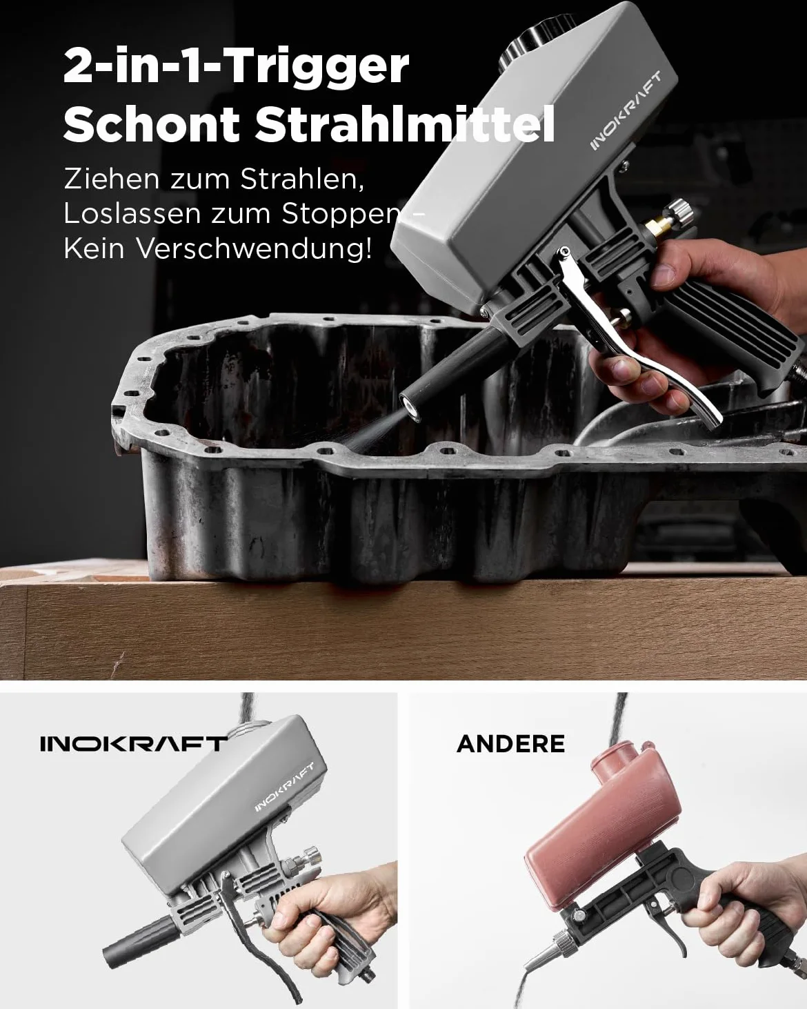 InoKraft Tragbare Sandstrahlpistolen-Set mit Öl-Wasser-Separator und Verlängerungsdüse, Mini-Sandstrahler zur Rost- und Farbentfernung, kompatibel mit Aluminiumoxid, Sand, Walnusschalen und Soda