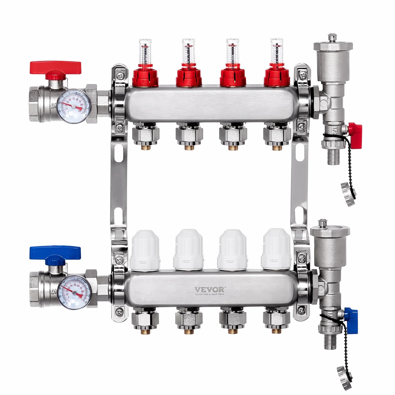 VEVOR 4-Heizkreise, Heizkreisverteiler Edelstahl, Kugelhähne mit G-Gewinde für Zu- und Rücklauf, 5 L/min Durchfluss, für Fußbodenheizung, Verteiler mit 1/2-Zoll-Adaptern und Durchflussmesser