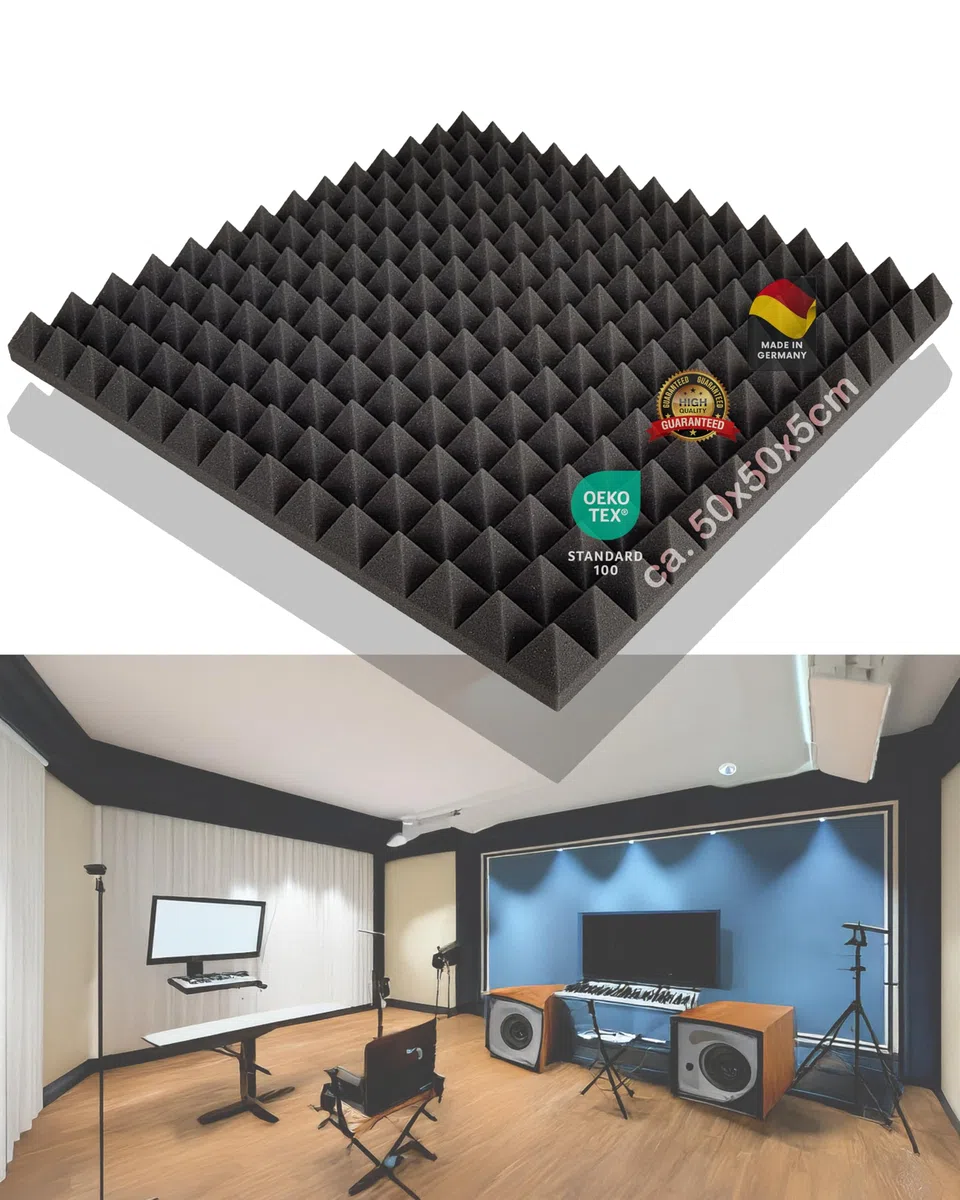80x Pyramiden-Schaumstoff ca. 50x50x5cm, Anthrazit Schwarz, Schaumstoff, Noppenschaum, Dämmung, Akustik, Schallschutz