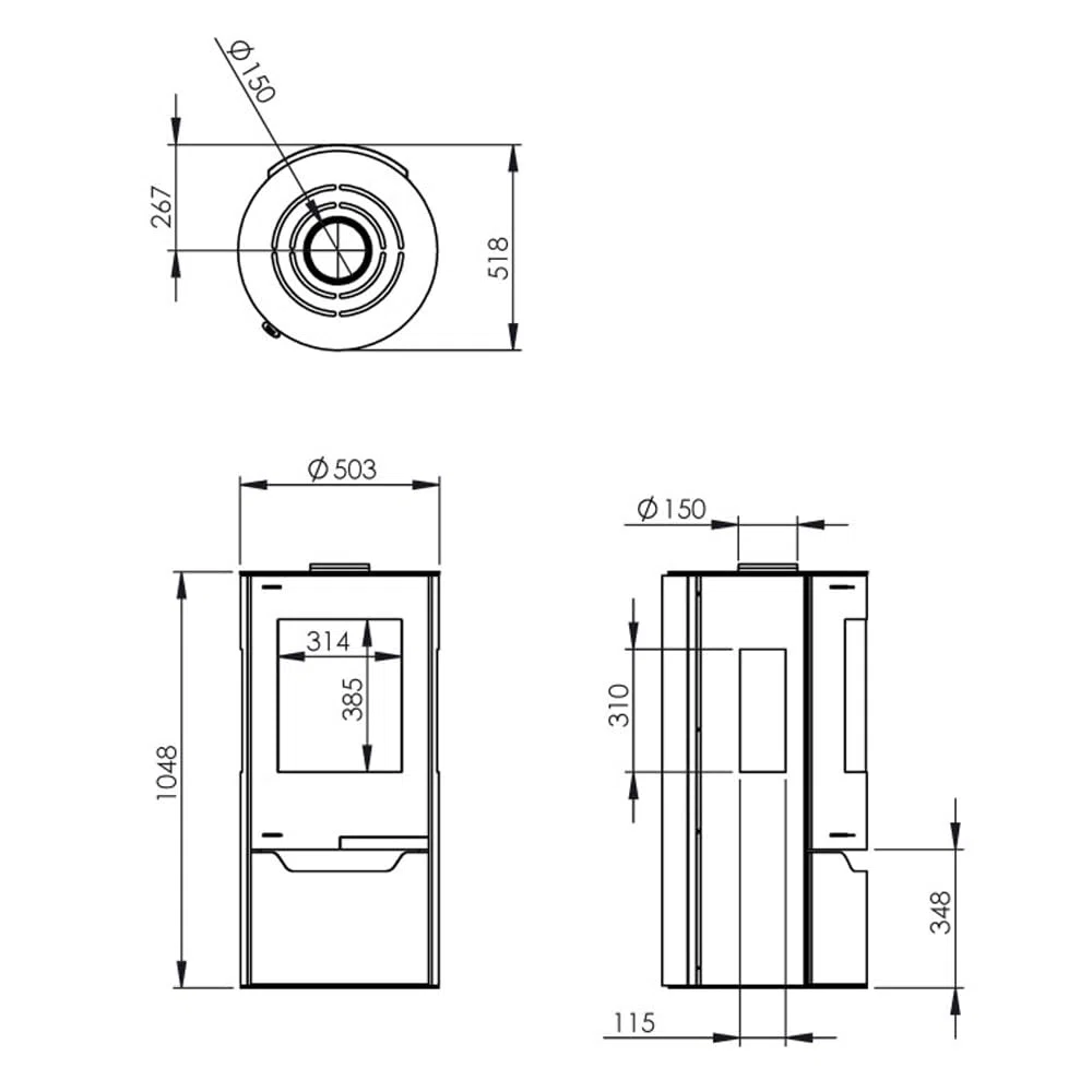 Kaminofen Thermia Hiron Trio 3 Sichtscheiben modernes Design 6 kW Holzofen Stahl Schwarz rund