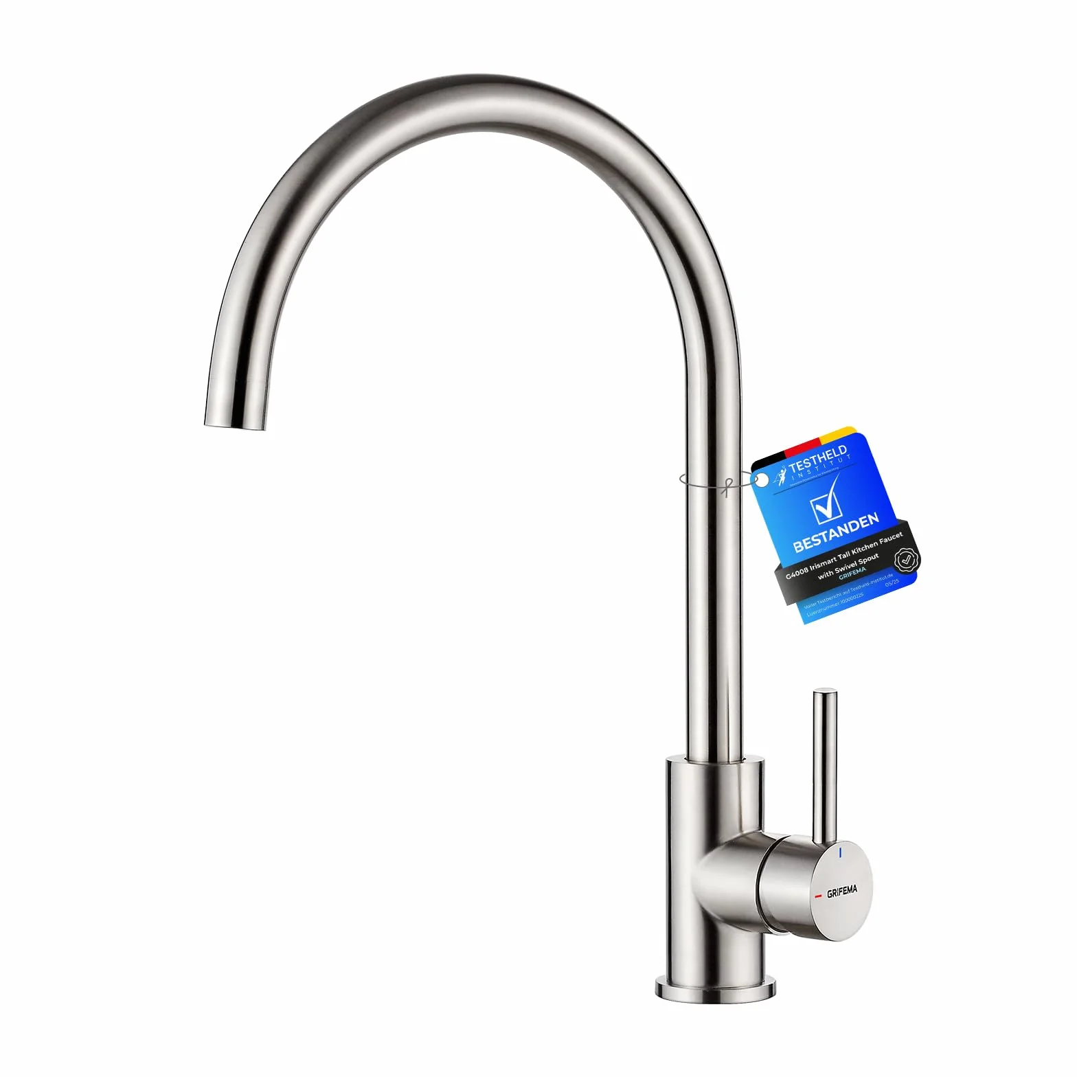 GRIFEMA G4008 Kitchen Sink Taps Mixer with Single Lever High Arc 360°Swivel, Stainless Steel Kitchen Mixer Taps 1 hole with Chrome Finish, Classic Design[Energy Class A+]