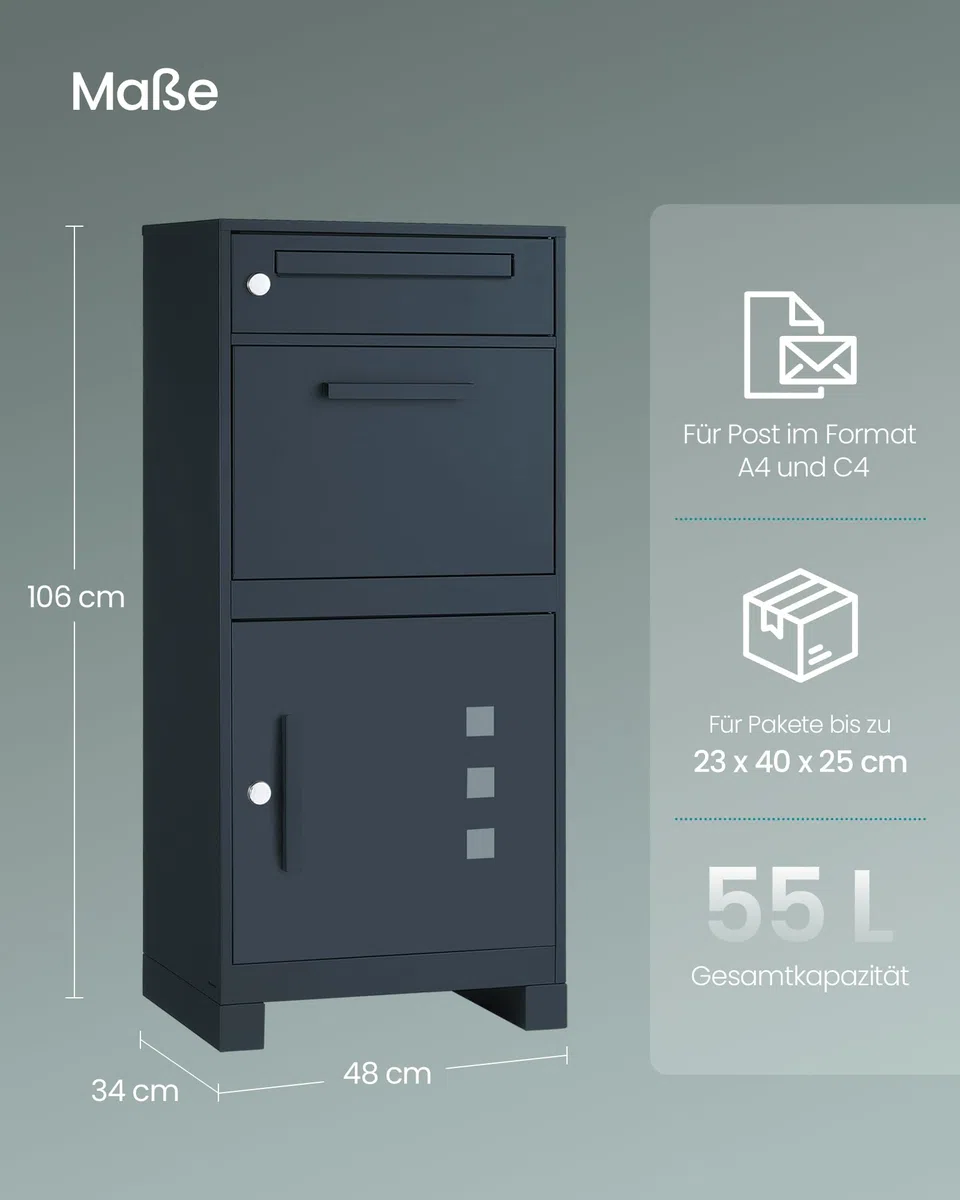 SONGMICS Paketbox, Paketbriefkasten, Briefkasten mit Paketfach, Paketkasten XXL, für Briefe, Pakete, Schloss mit Abdeckung, 2 Schlüssel, Stahl, anthrazit GMB091GZ01