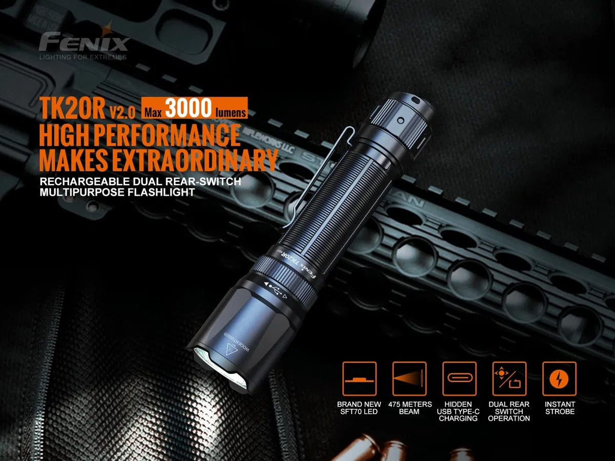 Fenix TK20R V2.0 LED Taktische Taschenlampe Set mit T5,3000 Lumen Extrem Hell,USB-C Wiederaufladbar,475M,IP68 Wasserdicht Aufladbar Lampe,Stroboskop,EDC Tragbare Outdoor Camping Survival Jagd Angeln