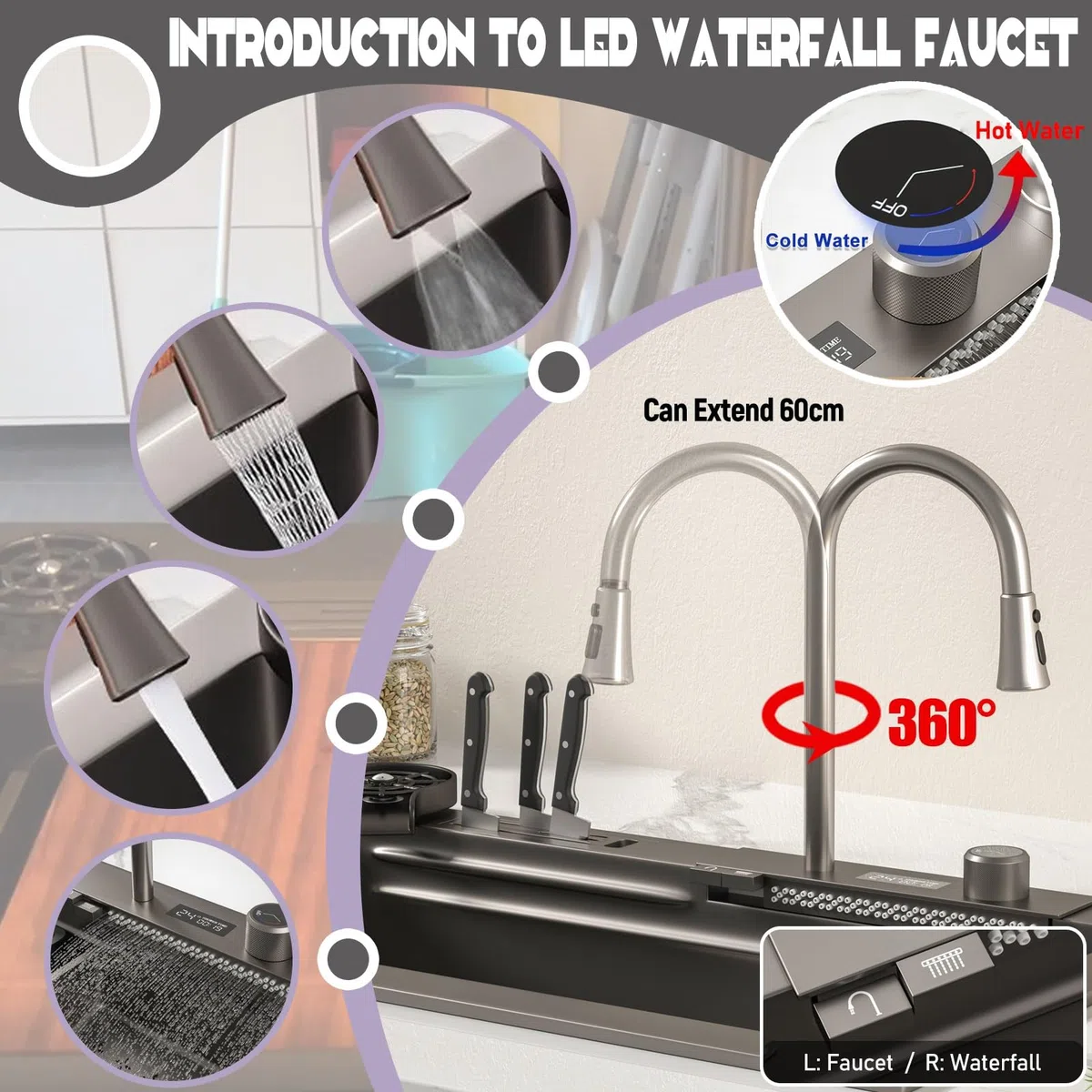 75X45cm Wasserfall spüle, Multifunktionale Spülbecken Schwarz, 1 Becken Spüle Küche Edelstahl Rechteck mit Zubehör wie Abflusskörbe, Siphon, Über- und Ablauf-Set