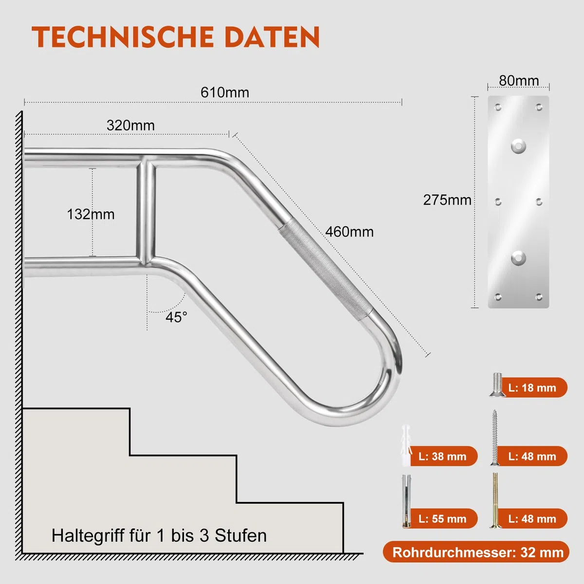 Verbesserte Edelstahl Handlauf Treppe für Außen, 60 cm Wandhandlauf U-Form für 1–3 Stufen, wetterfest & hochbelastbar für Garten, Terrasse & Eingang