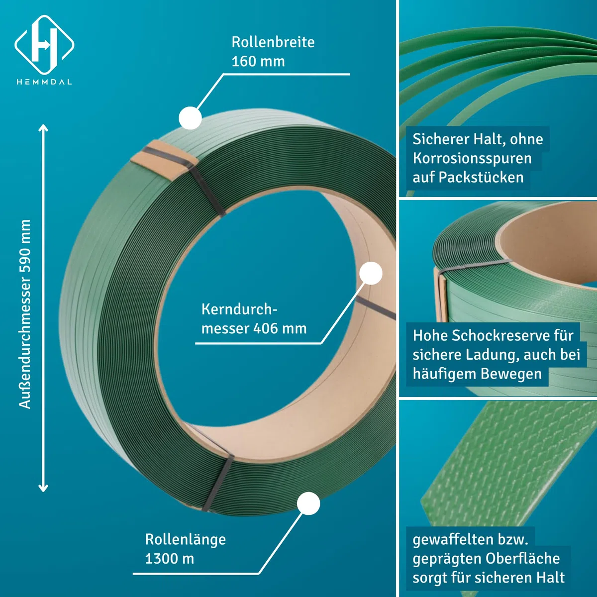 HEMMDAL Umreifungsband aus PET | 15 mm x 1.300 m | 0,89 mm Stärke | 4.600 N Bruchlast | 100% recyclingfähig | grün | gewaffelt/geprägt | für alle Umreifungsgeräte | Made in Germany
