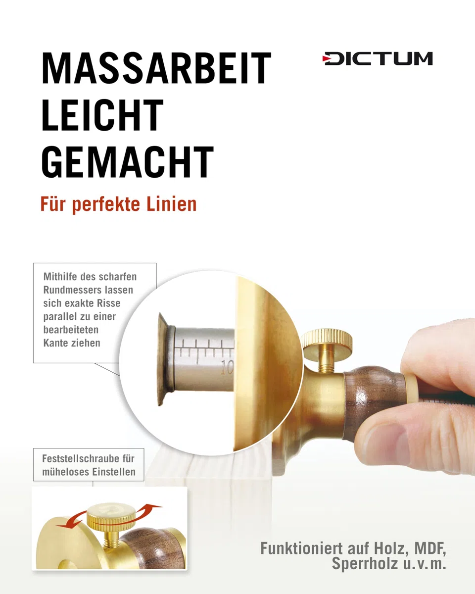 DICTUM Streichmaß Holz – Präzises Streichmass mit Metallschaft & Rundmesser | Anreißwerkzeug für Holz mit Skala, Messinganschlag & ergonomischem Griff