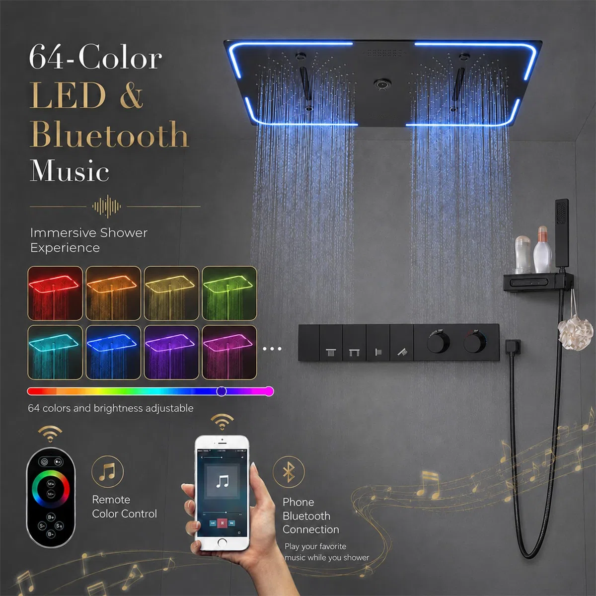 Unterputz Duschsystem mit Thermostat, 700 x 350 mm Deckenmontage Duschset mit 3 Strahl, LED Bluetooth Musik Duscharmatur Set für Bad mit 2 Funktionen Auslauf und Handbrause