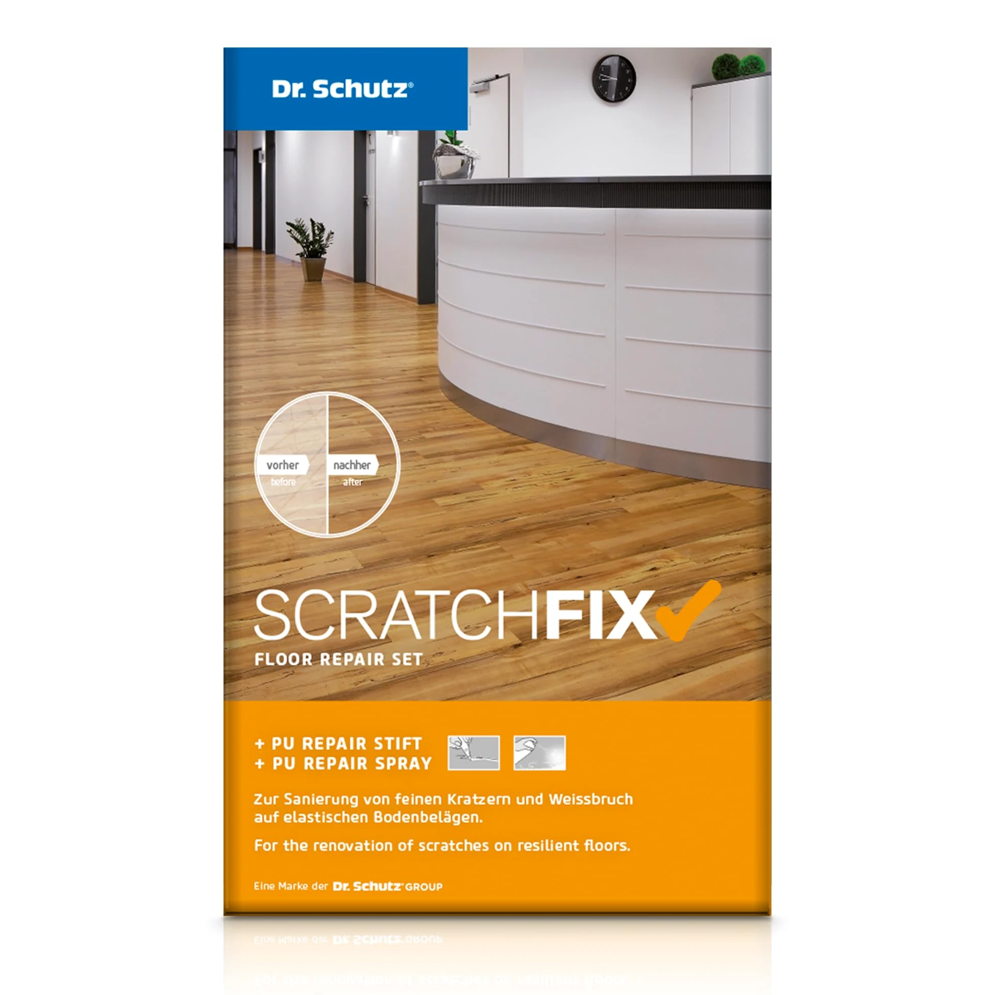 Dr. Schutz SCRATCHFIX Floor Repair Set | Reparatur Set für Hartböden, Designböden aus Vinyl, PVC, CV, Linoleum | entfernt Kratzer mit Repair Stift und Spray | PVC Reparaturset | Vinyl Reparaturset