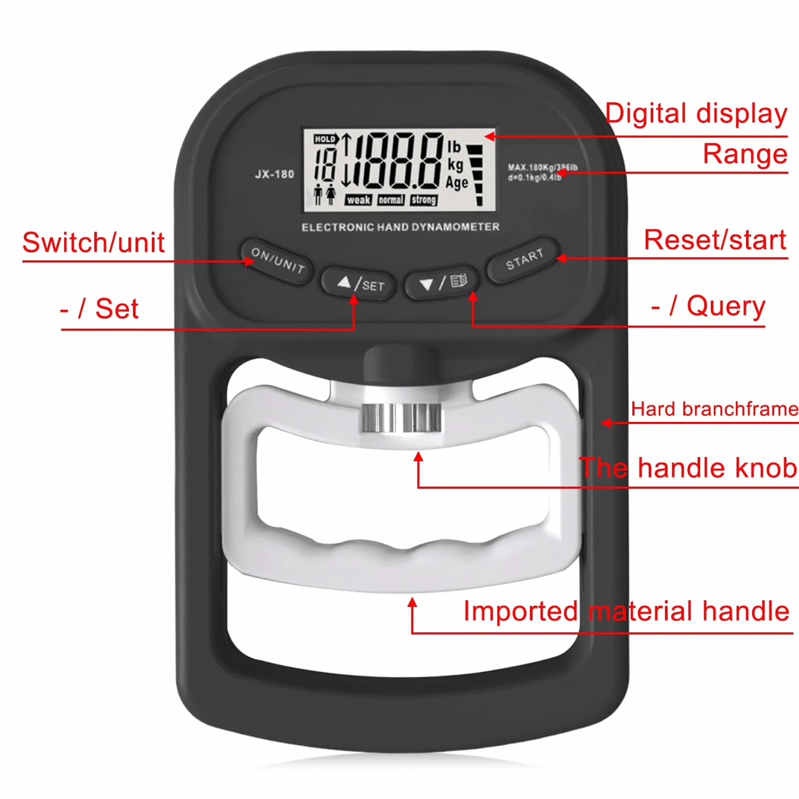 Digitaler Handkraftmessgerät: 396lb/180Kg Elektronische Griffkraft Messgerät, LED Display Grip Strength Trainer, Dynamometer mit USB-Ladekabel, Digitaler Griffstärke-Messung, Hand Dynamometer