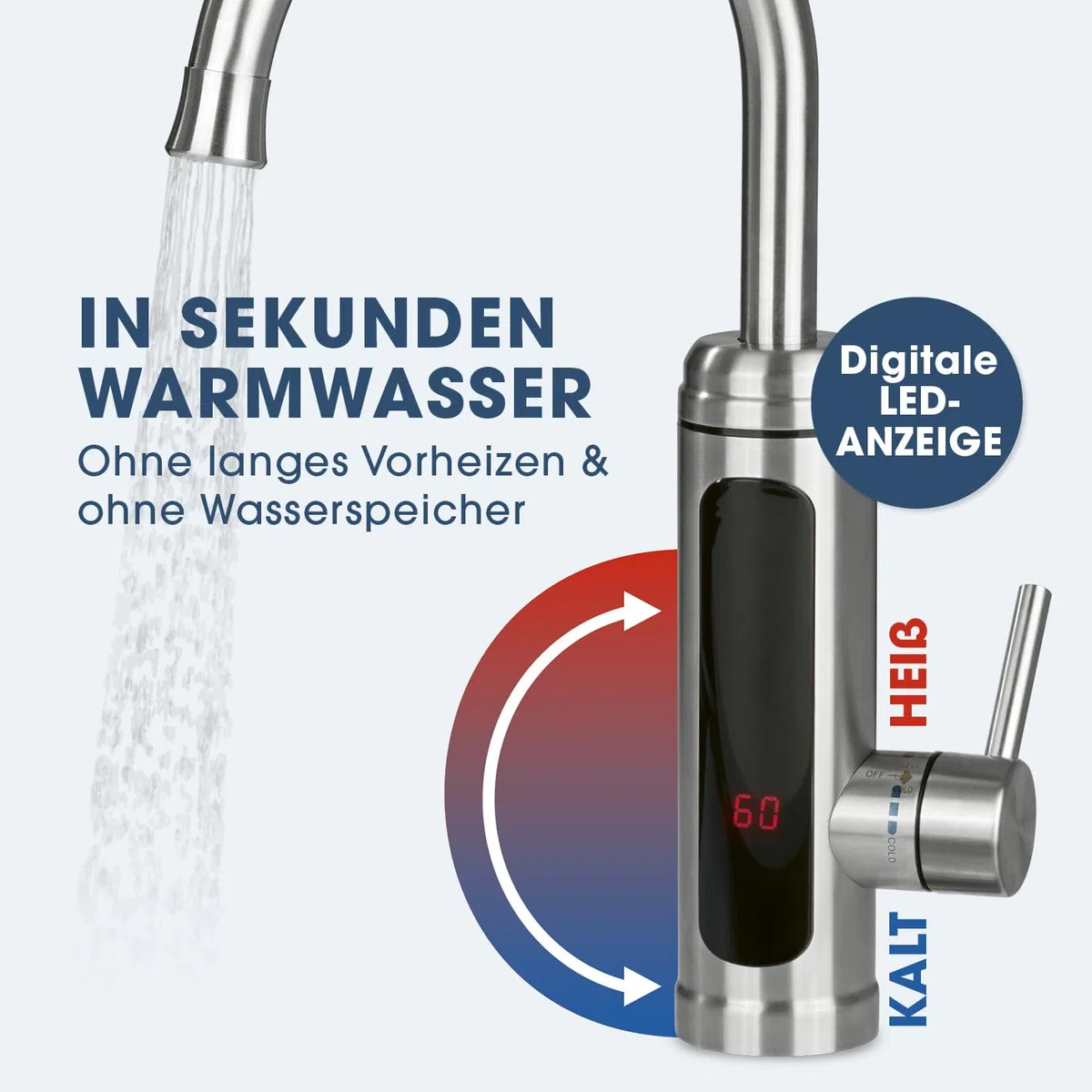 MAXXMEE Elektrische Edelstahl Armatur plus integrierter Durchlauferhitzer | Wasserhahn mit Heizspirale & LED Temperaturanzeige | 2 wechselbare Wasserhähne | über 60 °C warmes Wasser ohne Vorheizen