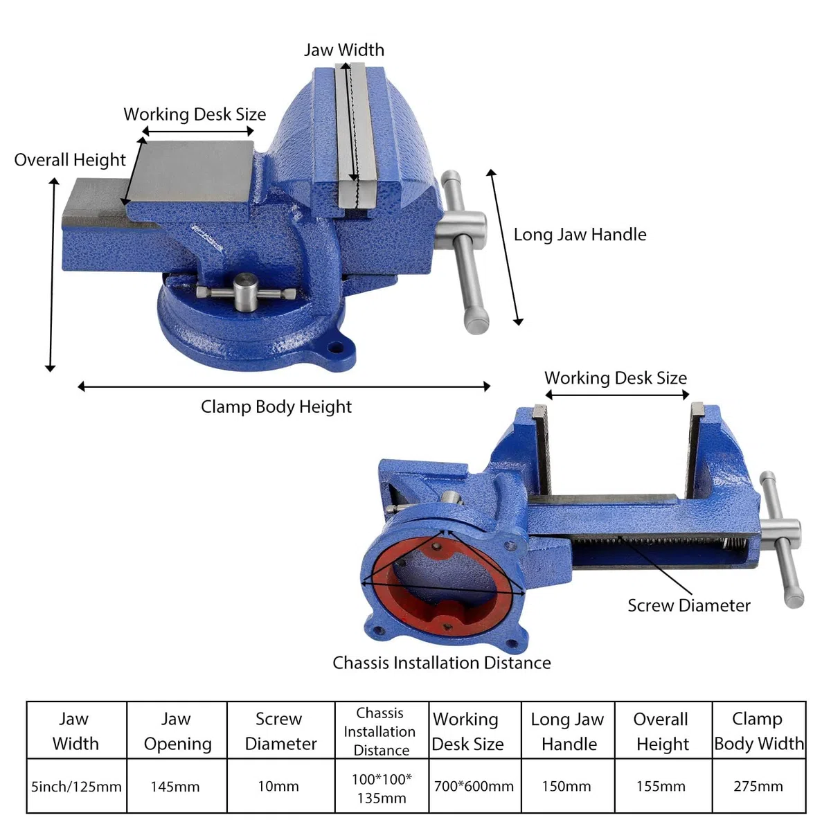 Schraubstocks Werkbank 150 mm mit 360° drehbarer Basis, Schwerer Gusseisen Tischschraubstock, Werkstatt Schraubstock für Metallbearbeitung, Bohren, Schleifen (5-Zoll-Schraubstock)