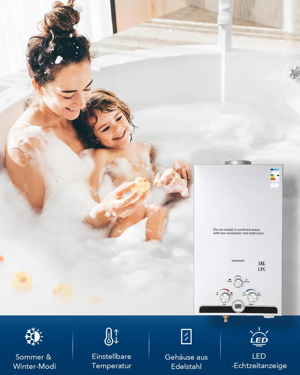 CO-Z 18L Gas Durchlauferhitzer LPG Warmwasserbereiter Durchlauferhitzer Warmwasserspeicher Heißwasserbereiter Boiler Tankless Instant Boiler (18L)