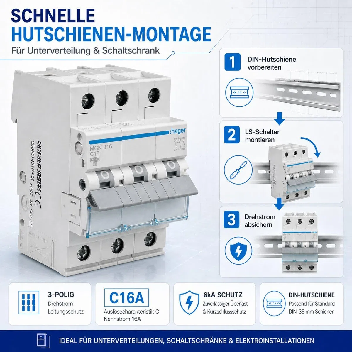 Hager MCN316 Leitungsschutzschalter 3-polig C16A, 6kA LS-Schalter für Drehstrom, 3P Sicherungsautomat, biconnect Klemmsystem, 3 Module, 230/400V AC, IP20, Kurzschluss- und Überlastschutz