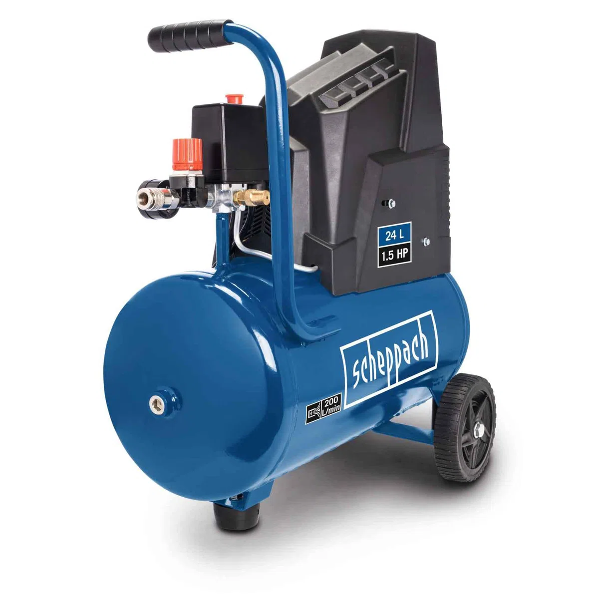 Scheppach Druckluft Kompressor HC30ox | ölfrei & langlebig | 1100W Motorleistung | 24L Kessel mit max. 8 bar Druck | 200l Luftleistung | inkl. Fahrvorrichtung, Druckminderer & Schnellanschlusskupplung