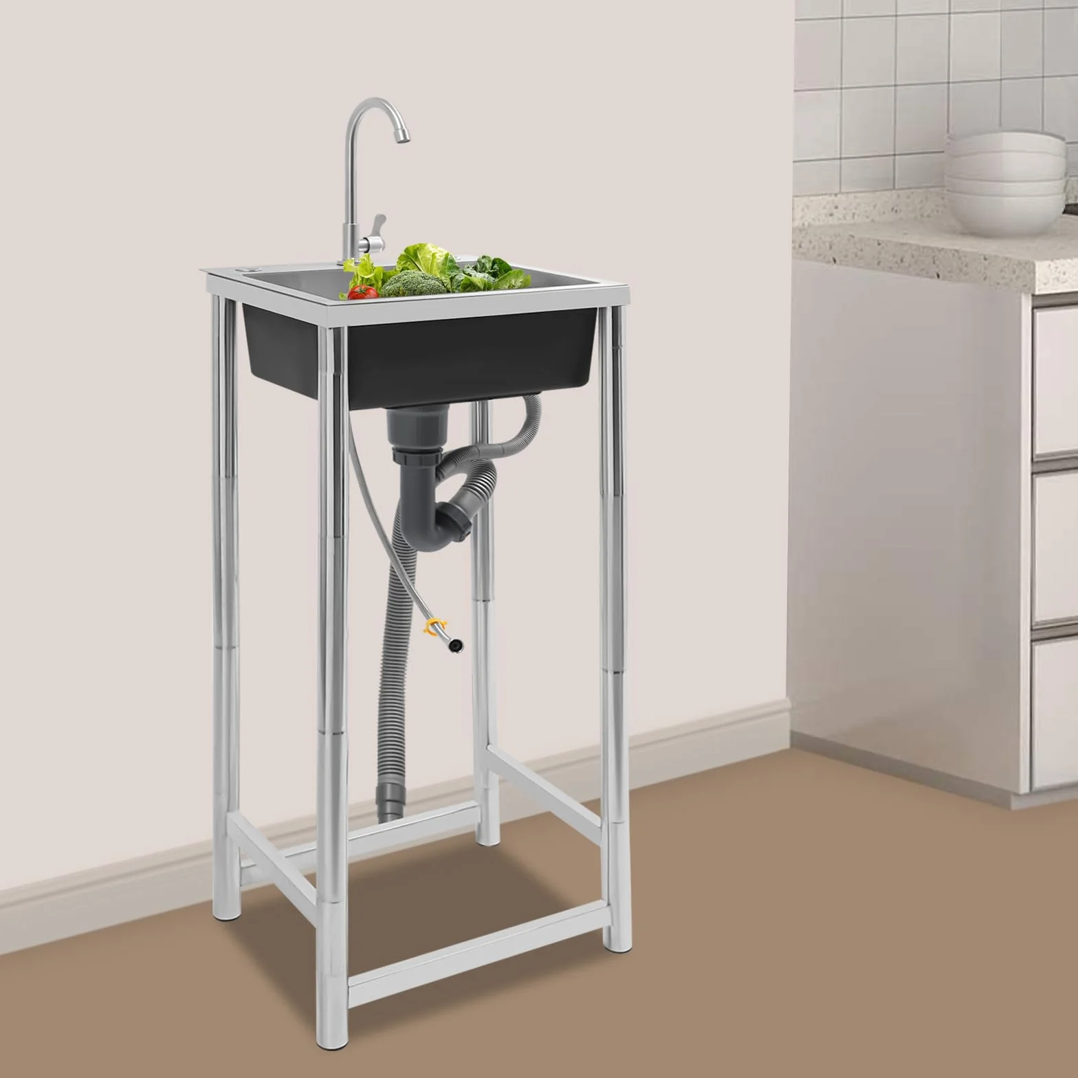 Freistehende Edelstahl Spültisch, Einbecken-Edelstahlspüle, Geräuscharm Küchenspüle, Gewerbliche Spülbecken mit Wasserhahn und Ablassvorrichtung für Restaurant, Wäscherei, Garage, Außen