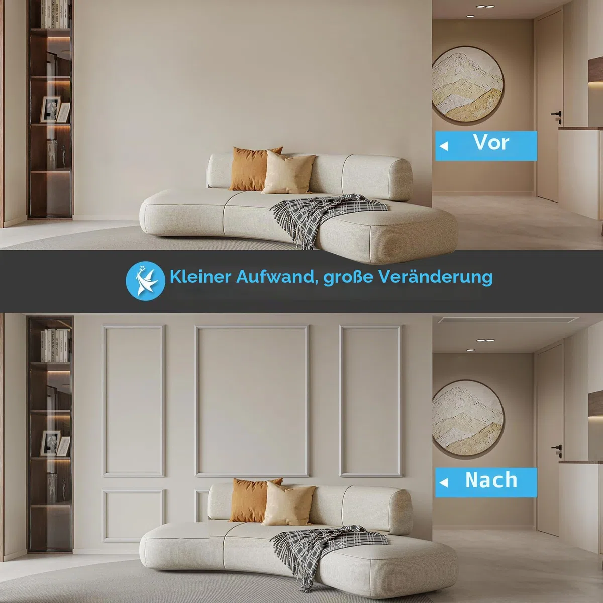 Art3d Vorgeschnittenes Wandform-Set, 6-teilig, fertig zum Zusammenbauen, für Innenwanddekoration, Wohnzimmer, Schlafzimmer, Akzentwand – installiert mit Klebstoff, 3 oben, 3 unten, 6 Stück