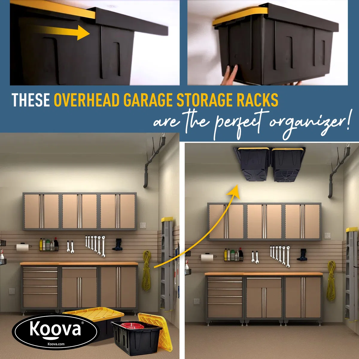 Koova Überkopf-Garagen-Aufbewahrungsregale für Mehrzweckbehälter, Rahmenschienen mit Hardware, robuste Stahl-Deckenaufhänger, Container-Organisation, DIY-Montagesystem (Zwei Müllregale)