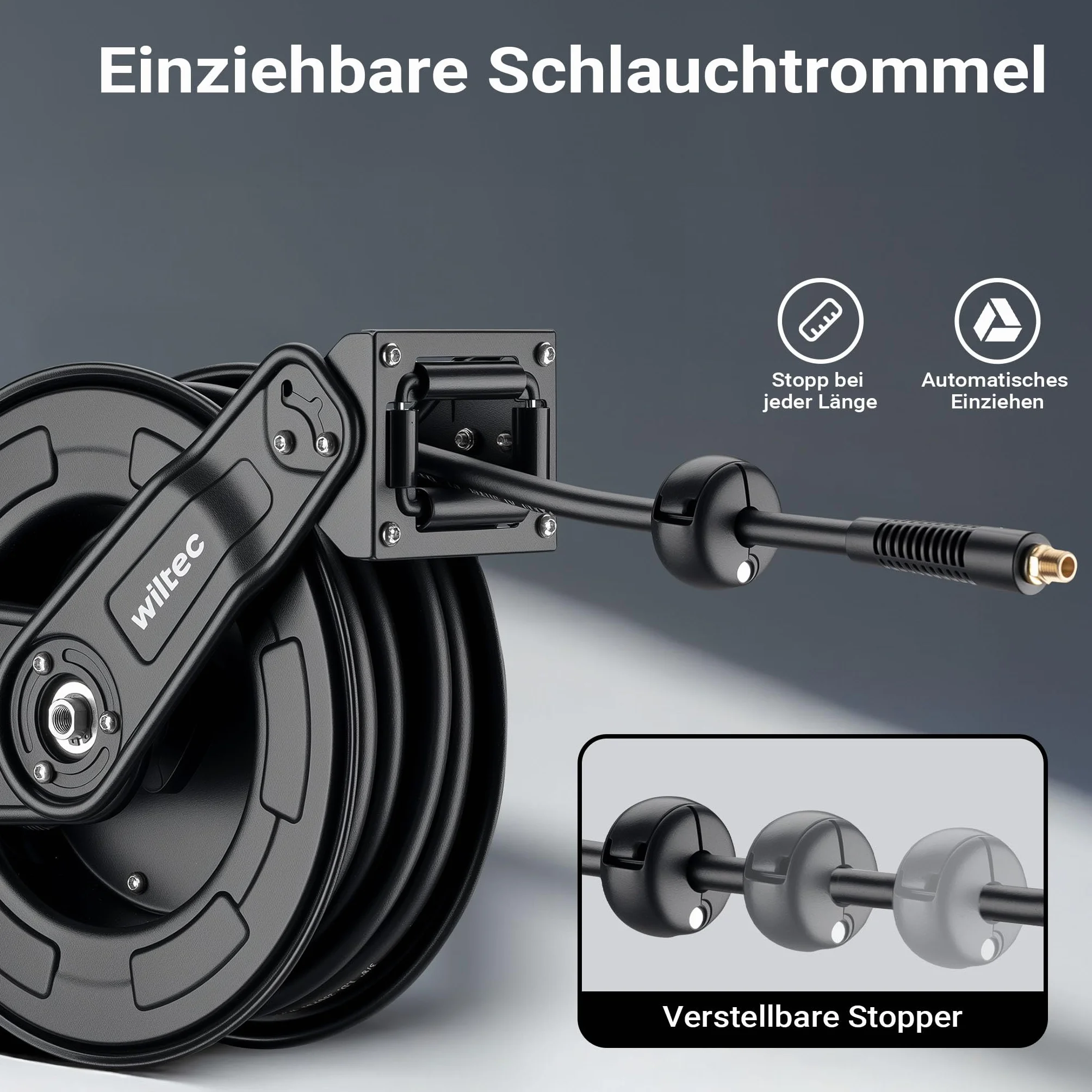 Wiltec Druckluft Schlauchtrommel 20 m, automatische Druckluftschlauchtrommel Stahl, 20 bar Drucklufttrommel, Schlauchaufroller einfache Montage
