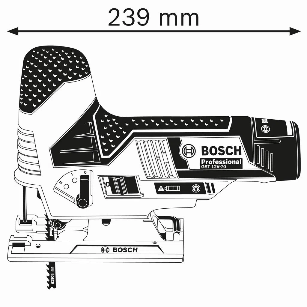 Bosch Professional 12V System Akku Stichsäge GST 12V-70 (Schnitttiefe in Holz: 70mm, inkl. 2x Sägeblatt, Gleitschuh, Spanreißschutz, L-BOXX, ohne Akku/ Ladegerät)