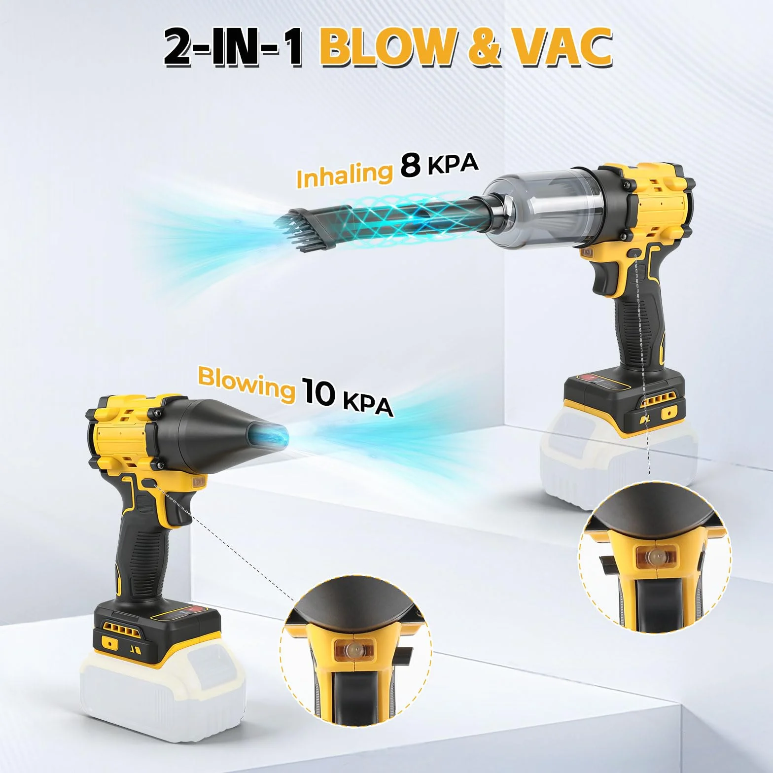 Kabelloser Staubsauger-Bläser für Dewalt 18/20V, 2 in 1 Handstaubsauger bürstenloser Laubbläser 85000 U/min mit einstellbarer Geschwindigkeit und 5 Düsen für Auto, Haus, Büro, Küche (kein Akku) (Gelb