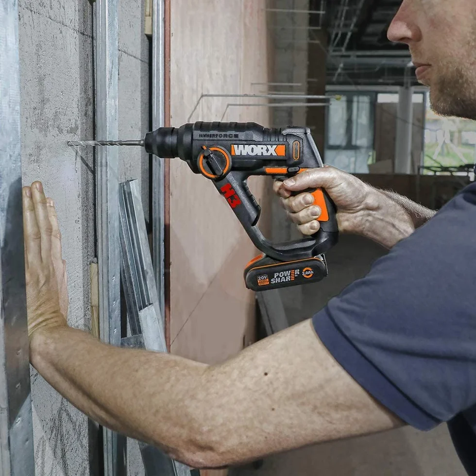 WORX WX390.9 Bohrhammer SDS-plus 20V – Kraftvolle Bohrmaschine mit pneumatischem Hammerwerk & Zweithandgriff - ideal zum Schrauben, Bohren & Hämmern – 1,2J Schlagenergie – Ohne Akku & Ladegerät