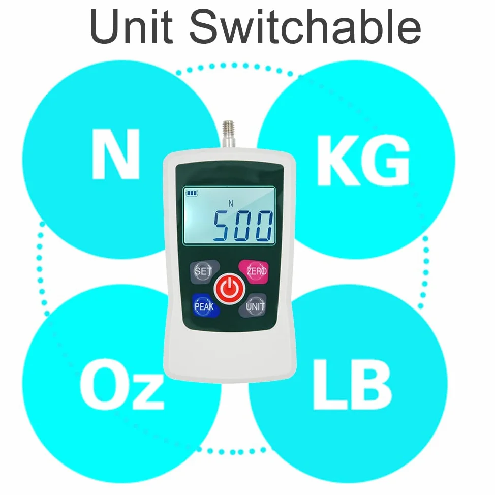 Digitales Kraftmessgerät 500 N/ 50 kg/ 110 lb/ 1760 oz Tragbares Push-Pull-Kraftmesser, schaltbares, hintergrundbeleuchtetes Mini-Dynamometer mit 6 Leuchtenköpfen, Aufbewahrungskoffe