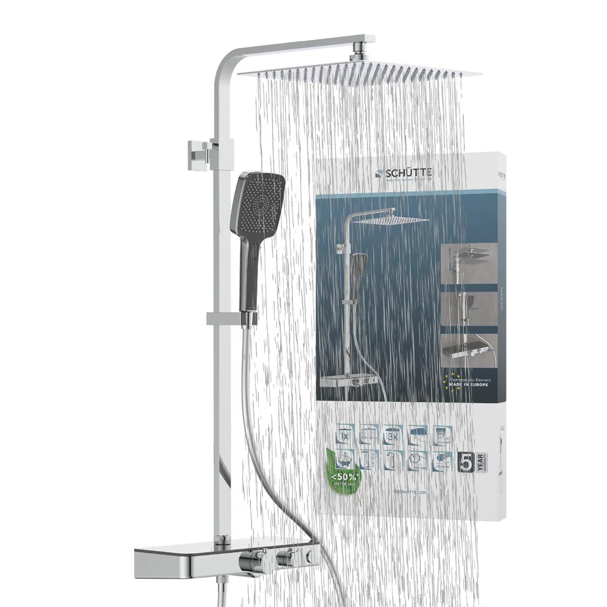 Schütte OCEAN Duschsystem mit Thermostat und Glasablage-Duschset mit 30x30cm, Regendusche mit Wandhalterung und Duschkopf-Duschpaneel Duschsäule in Chrom/Anthrazit 60531