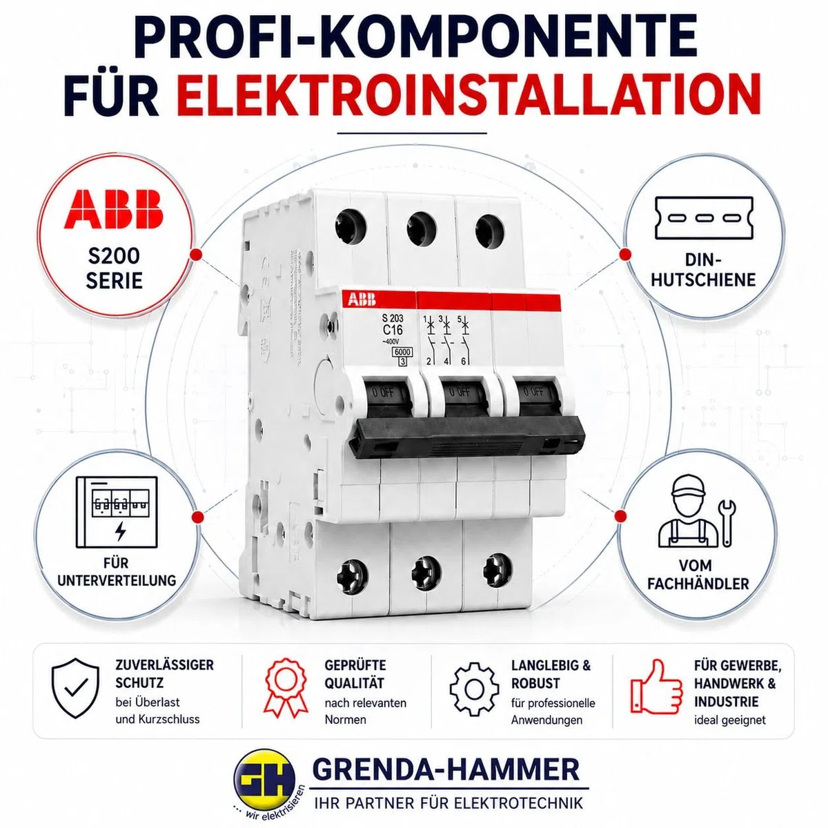 ABB S203-C16 Leitungsschutzschalter 3-polig 16A C-Charakteristik, Sicherungsautomat 6kA, LS-Schalter für Drehstrom & Hutschiene, System pro M compact Leitungsschutzschalter 3P