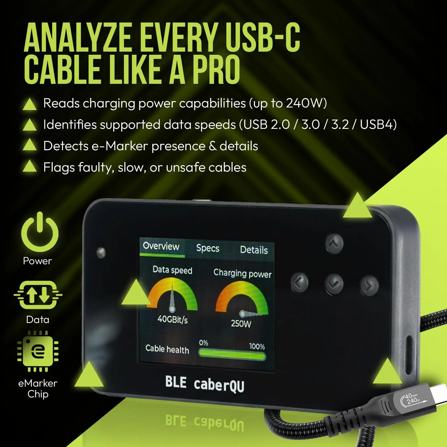 BLE caberQU Digitaler USB-C-Kabeltester, USB PD 3.0/3.1/3.2 eMarker-Anzeige, 25-polige Kontinuitäts-Pinbelegung, USB 2/3/4, Kabelwiderstand, iOS- und Android-App (BLE caberQU)