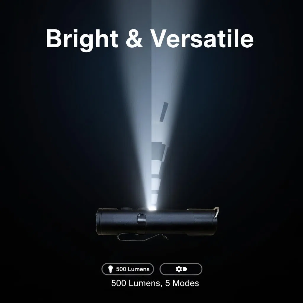 Wiederaufladbare EDC-Taschenlampe, 500 Lumen, Mini-Schlüsselanhänger, Taschenlampe mit Feuerstarter und Fensterbrecher, magnetischer Basis, Hutclip für Camping, Reisen, Notfall (schwarz)